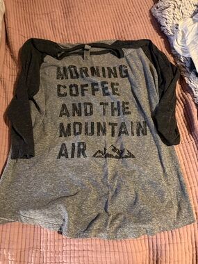 Gray and Black Raglan Long Sleeve Tee - Morning Coffee Graphic